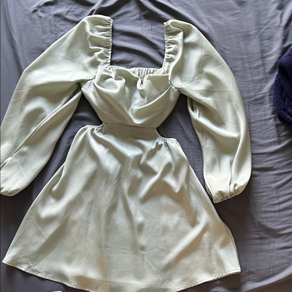 Hello Molly Sage Green Puff-Sleeve Square Neck Mini Dress